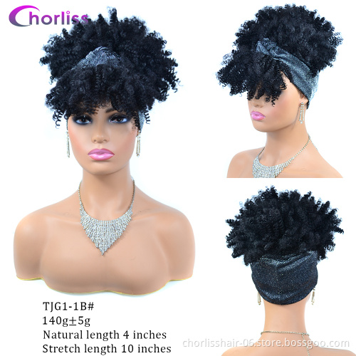 Wholesale Ombre Turban Wrap Wig Afro Wig Short Heat Resistant Kinky Curly Synthetic Wig With Headband Attached For Black Women